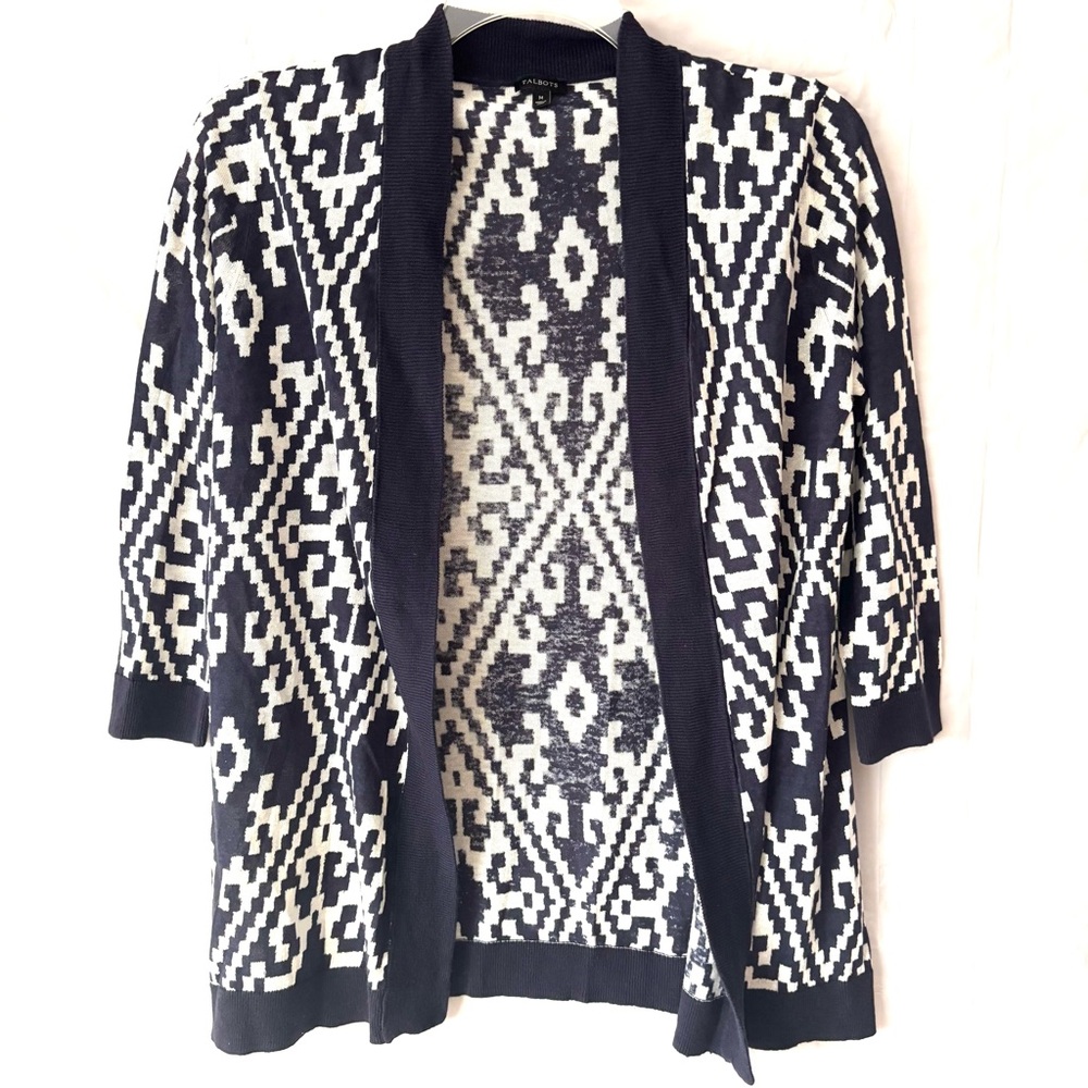 NWOT Talbots Navy White Open front Cardigan Sweater Cotton Linen Blend SZ M